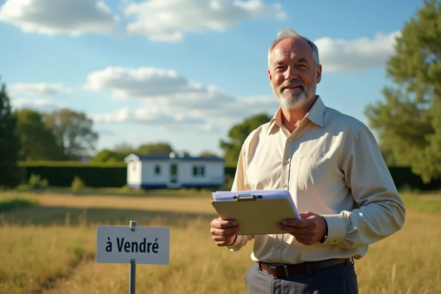 Agent immobilier vendant une parcelle de terrain avec mobil-home en Vendée, tenant un panneau À Vendre dans un cadre rural