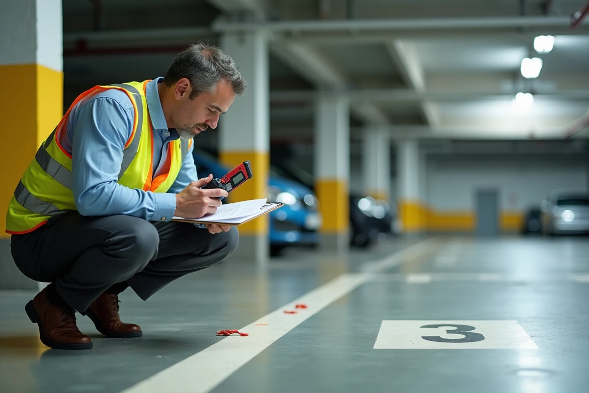 Gestionnaire d'immeuble mesurant une place de parking avec un télémètre laser pour vérifier la conformité aux normes légales de dimensions