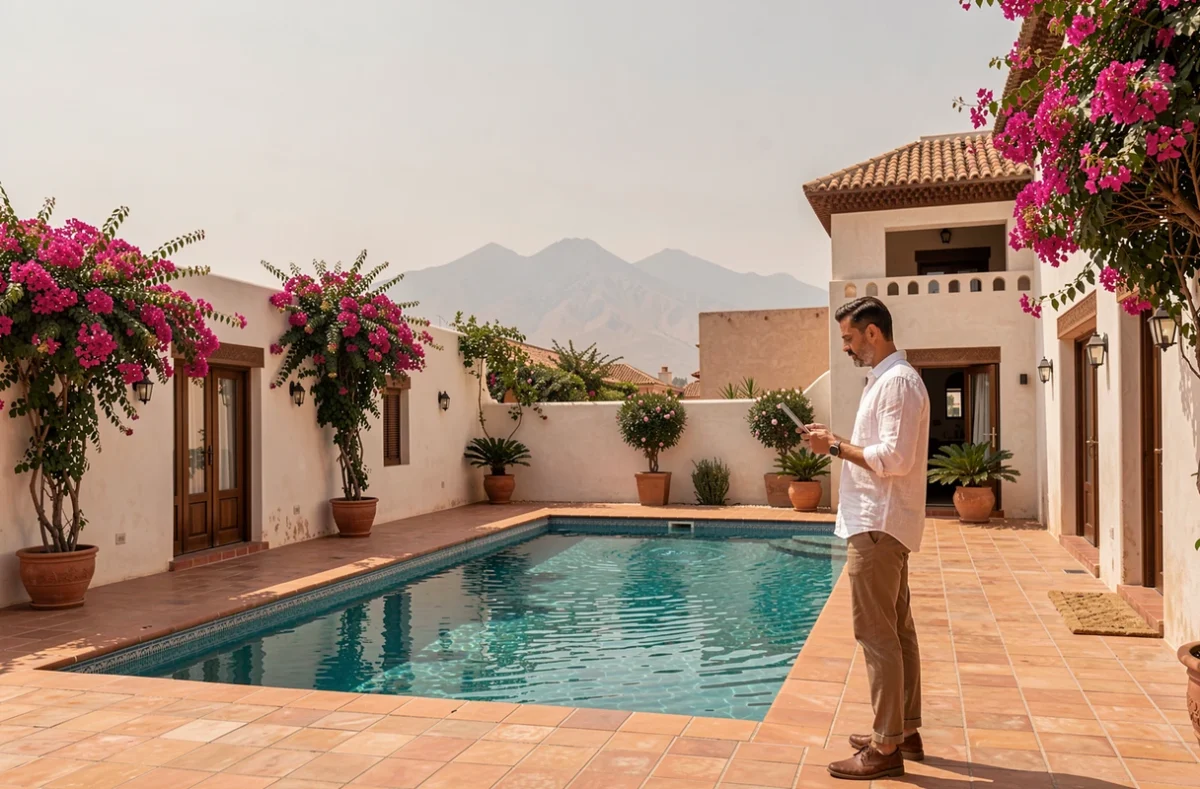 Villa de luxe à vendre à Marrakech avec piscine privée et vue sur l'Atlas, acheteur potentiel consultant une tablette sur la terrasse