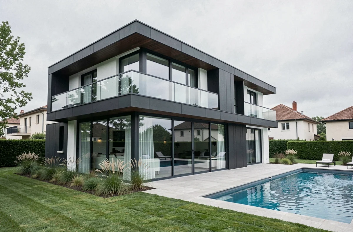 Villa contemporaine haut de gamme avec toiture plate, grande baie vitrée et piscine, illustrant Villas et Maisons de France à Toulouse