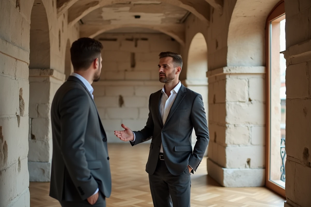 Agent immobilier présentant un appartement rénové avec murs en pierre apparente et parquet dans le quartier Carmes à Toulouse