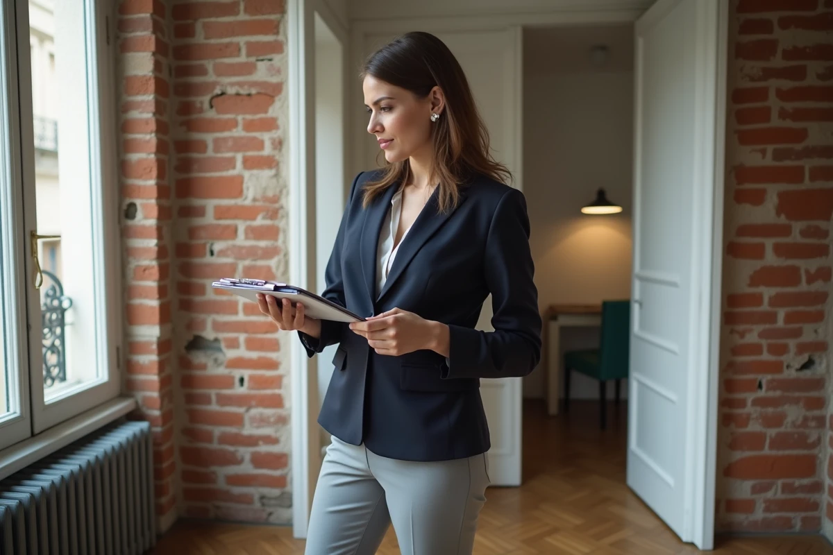Femme investisseuse inspectant un studio bis parisien avec parquet ancien et mur en briques apparentes